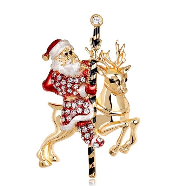 Cubic Zirconia & 18K Gold-Plated Santa Claus & Reindeer Brooch Discount