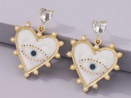 White Enamel & Crystal Pearl 18K Gold-Plated Eye Heart Drop Earrings For Sale