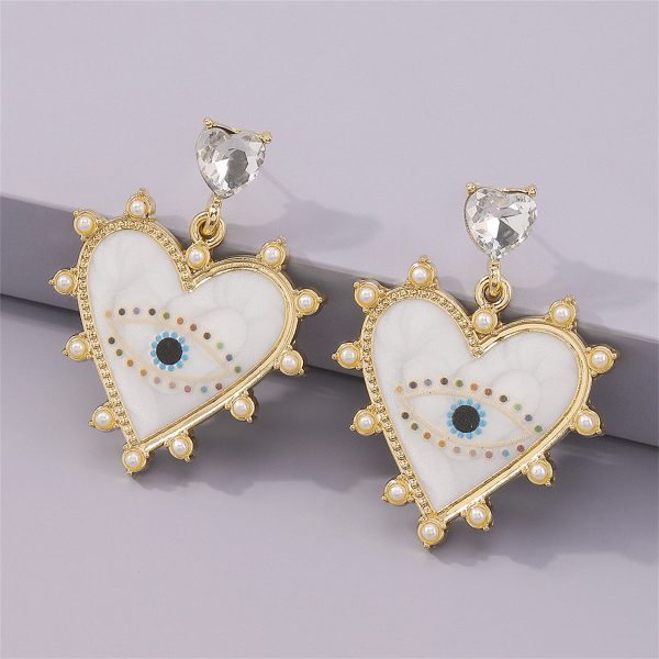 White Enamel & Crystal Pearl 18K Gold-Plated Eye Heart Drop Earrings For Sale