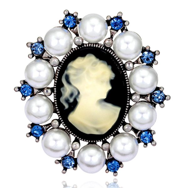 Blue Cubic Zirconia & Silver-Plated Cameo Brooch For Discount