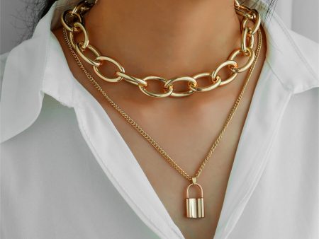 18K Gold-Plated Cable Chain Lock Pendant Layered Necklace For Discount