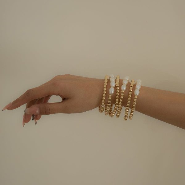 Pearl & 18K Gold Plated Beaded Stretch Bracelet Set Online