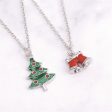 Green Silver-Plated Christmas Tree & Bells Pendant Necklace Set Supply