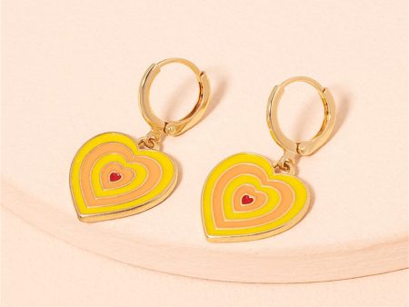 Yellow & Peach Enamel Heart Charm Huggie Earrings Online Sale