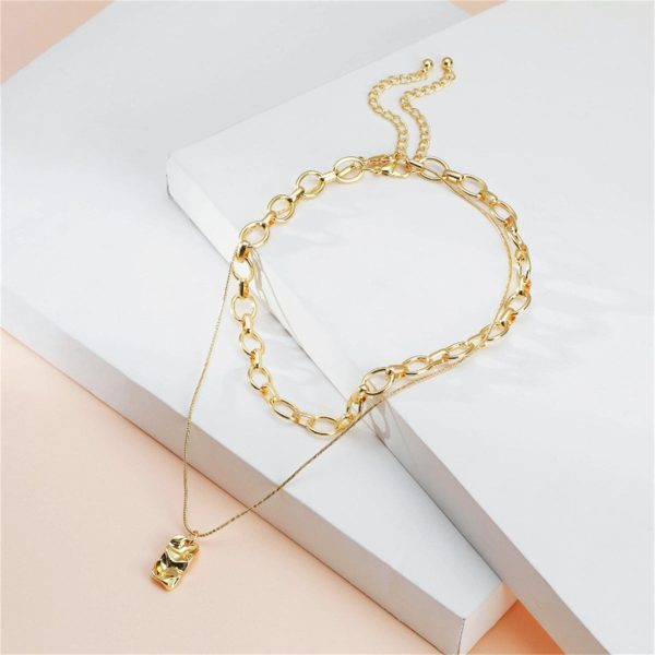 18K Gold-Plated Chain Rectangle Pendant Necklace Set Supply