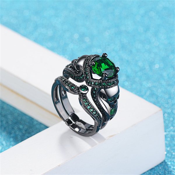 Green Crystal & Cubic Zirconia Skull Heart Ring Set Fashion