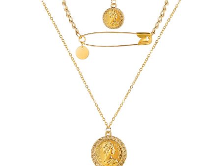 18K Gold-Plated Coin & Safety Pin Pendant Layer Necklace Fashion