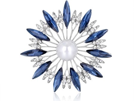 Blue Crystal & Cubic Zirconia Pearl Silver-Plated Sunflower Brooch Hot on Sale