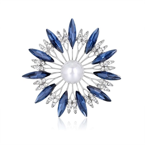 Blue Crystal & Cubic Zirconia Pearl Silver-Plated Sunflower Brooch Hot on Sale