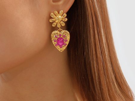 Rose Crystal & 18K Gold-Plated Flower Heart Drop Earrings For Cheap