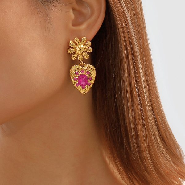 Rose Crystal & 18K Gold-Plated Flower Heart Drop Earrings For Cheap