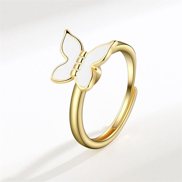 White Enamel & 18K Gold-Plated Rotating Butterfly Ring Supply