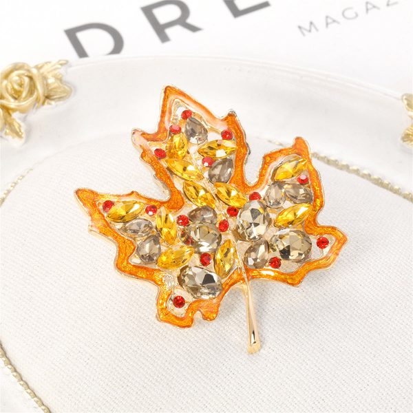 Yellow Crystal & Red Cubic Zirconia Maple Brooch Fashion