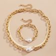 Pearl & 18K Gold Plated Snake Chain Necklace & Bracelet For Cheap