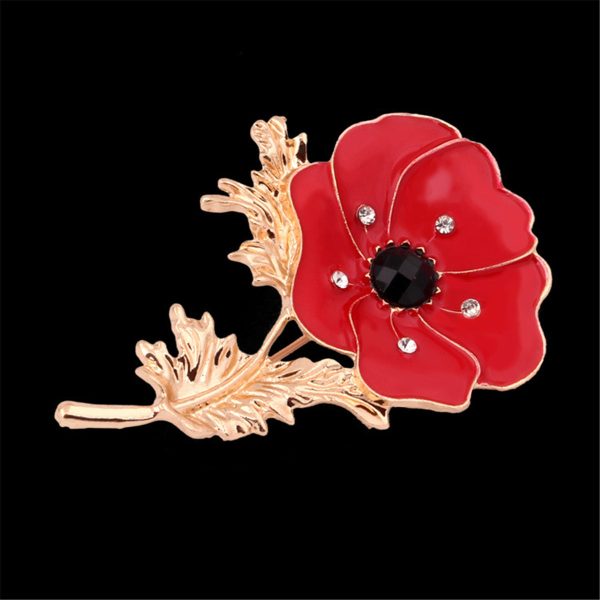 Red Enamel & Black Cubic Zirconia 18K Gold-Plated Flower Brooch For Sale