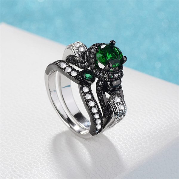 Green Crystal & Cubic Zirconia Two-Tone Skull Ring Set For Discount