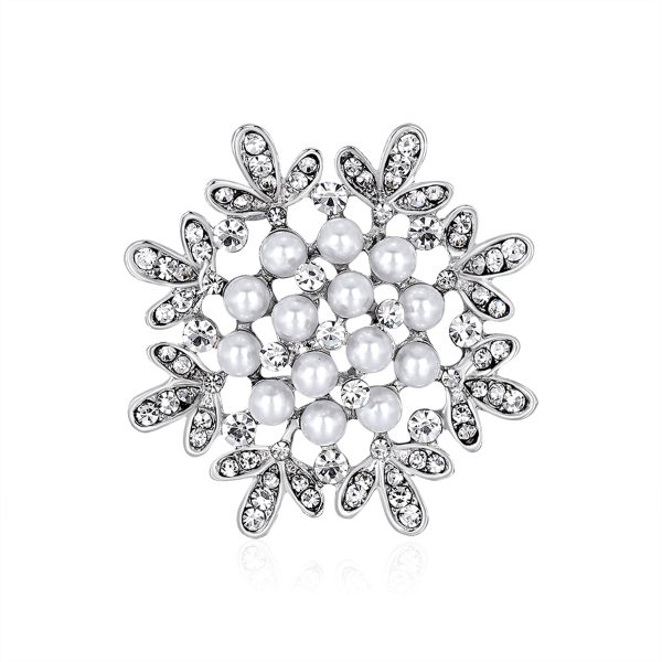 Clear Cubic Zirconia & Pearl Silver-Plated Flower Brooch Online