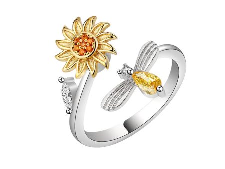 Yellow Crystal & Cubic Zirconia Rotatable Sunflower Bee Bypass Ring Fashion