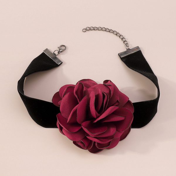 Red Polyster & Silver-Plated Rose Choker Necklace Fashion