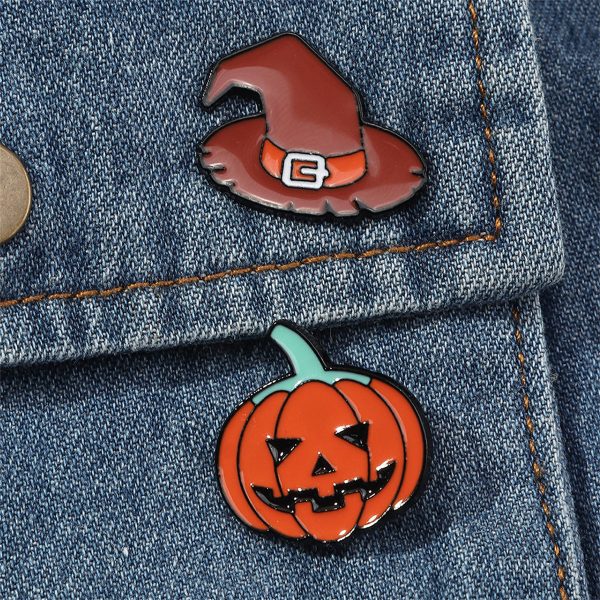 Enamel & Rhodium Plated Pumpkin Witch Hat Badge Set Online Sale