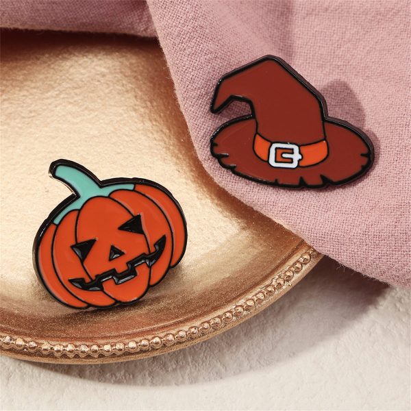 Enamel & Rhodium Plated Pumpkin Witch Hat Badge Set Online Sale