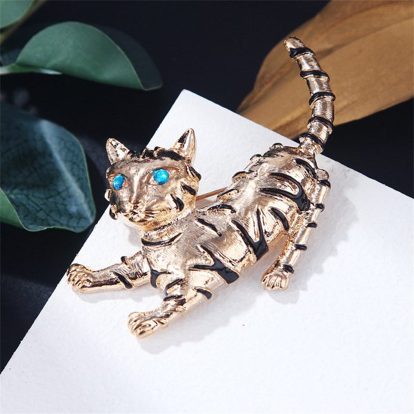 Blue Cubic Zirconia & Enamel 18K Gold-Plated Cat Brooch For Discount