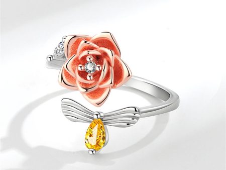 Yellow Crystal & Two-Tone Rotating Rose & Bee Bypass Ring Online Sale