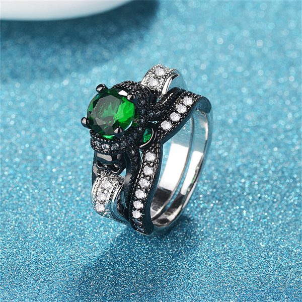 Green Crystal & Cubic Zirconia Two-Tone Skull Ring Set For Discount