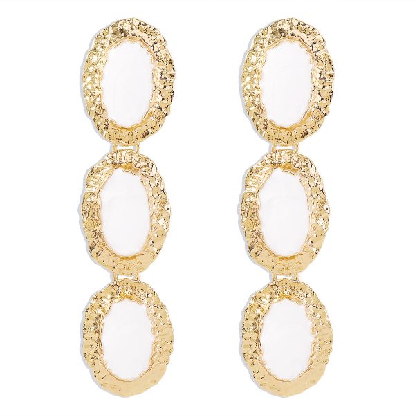 White Enamel & 18K Gold-Plated Textured Oval Trio Drop Earrings on Sale