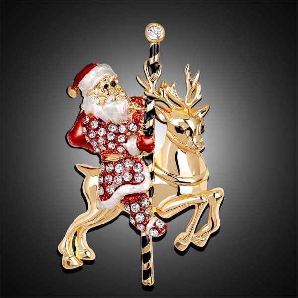 Cubic Zirconia & 18K Gold-Plated Santa Claus & Reindeer Brooch Discount