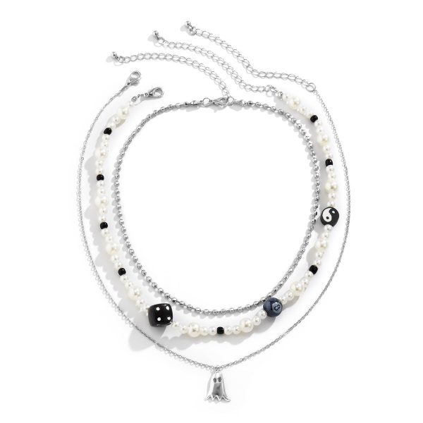 Pearl & Acrylic Silver-Plated Ghost Pendant Necklace Set For Sale