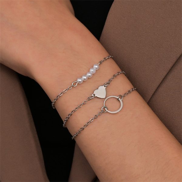 Pearl & Silver-Plated Heart Charm Bracelet Set Online Sale