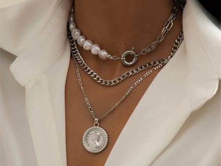 Pearl & Silver-Plated Coin Pendant Necklace Set Cheap