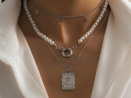 Pearl & Silver-Plated Rose Rectangle Pendant Necklace Set Supply