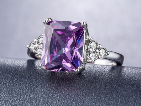 Purple Crystal & Cubic Zirconia Silver-Plated Princess-Cut Ring Supply