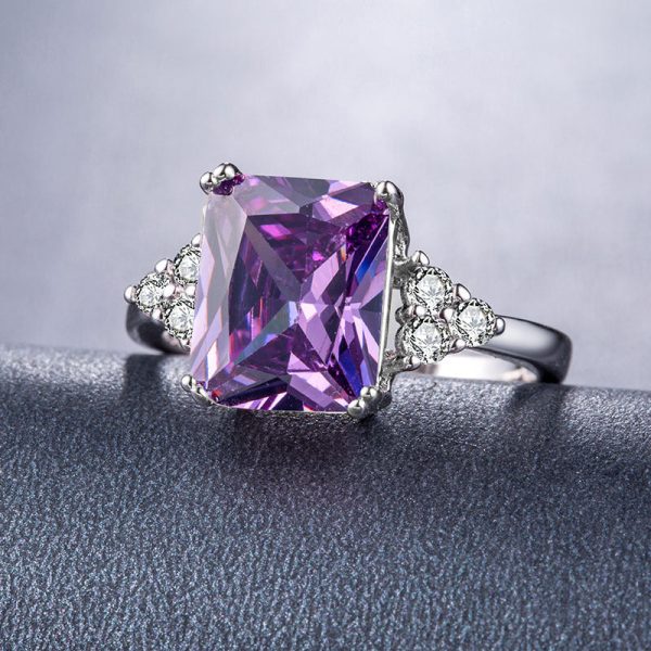 Purple Crystal & Cubic Zirconia Silver-Plated Princess-Cut Ring Supply