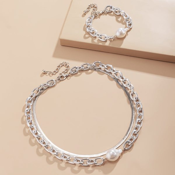 Pearl & Silver Plated Snake Chain Necklace & Bracelet Fashion