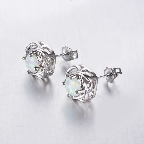 White Opal & Silver-Plated Round Wrapped Stud Earrings Supply