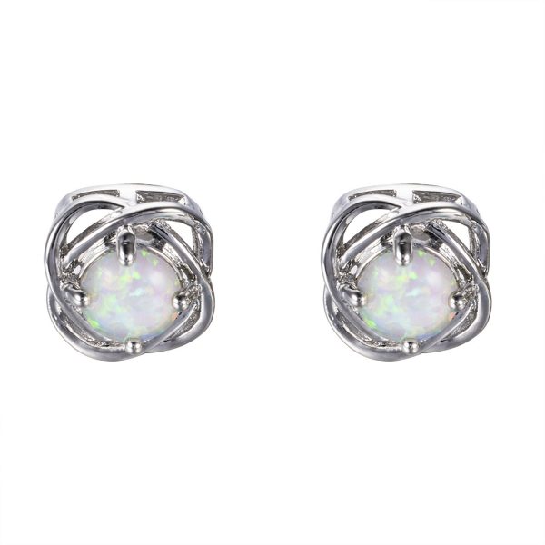 White Opal & Silver-Plated Round Wrapped Stud Earrings Supply