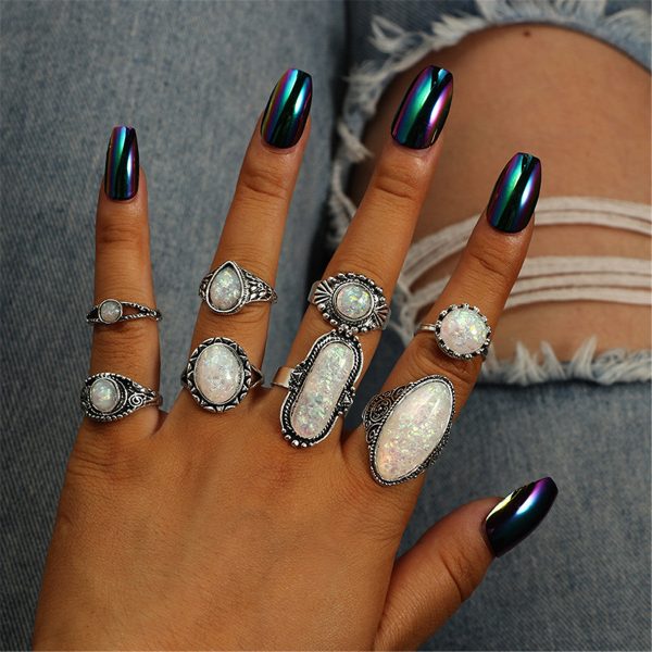 Iridescent & Silver-Plated Long Oval Ring Set Online Hot Sale