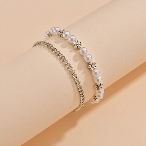 Pearl & Silver-Plated Floral Stretch Bracelet Set For Sale