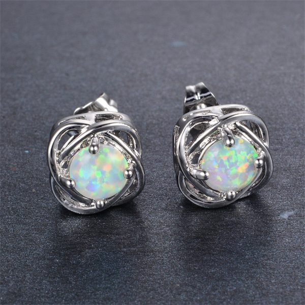 White Opal & Silver-Plated Round Wrapped Stud Earrings Supply