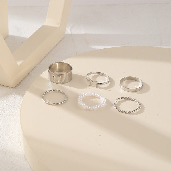 Pearl & Silver-Plated Butterfly Ring Set Fashion