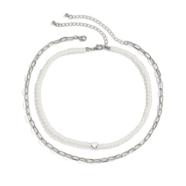 Pearl & Silver-Plated Heart Necklace Set For Cheap