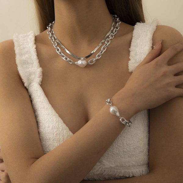 Pearl & Silver Plated Snake Chain Necklace & Bracelet Fashion