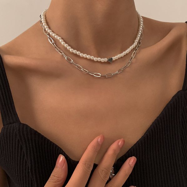 Pearl & Silver-Plated Heart Necklace Set For Cheap