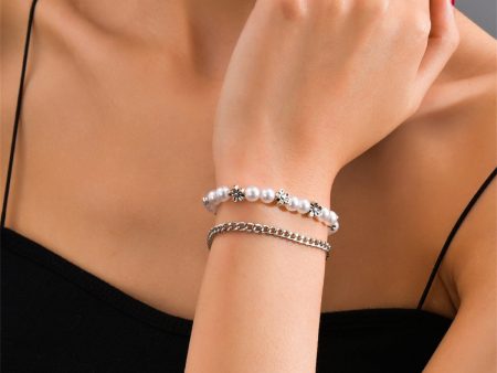 Pearl & Silver-Plated Floral Stretch Bracelet Set For Sale