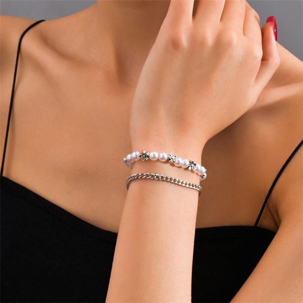 Pearl & Silver-Plated Floral Stretch Bracelet Set For Sale