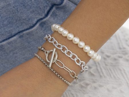 Pearl & Silver-Plated Stretch Bracelet Set Discount