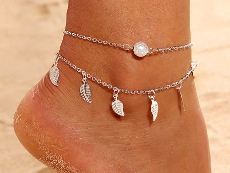 Silver-Plated Leaf Station Layered Anklet Fashion